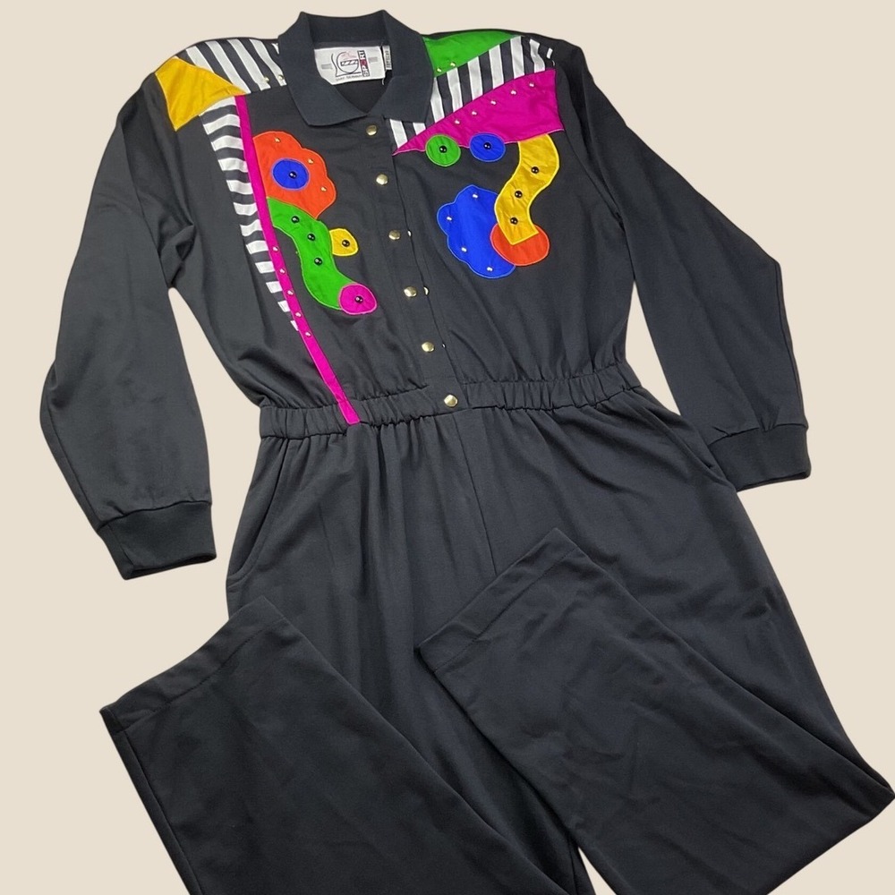 Vintage Saint Germain Sport Black Colorblock Beaded Jumpsuit 42 Hong Kong